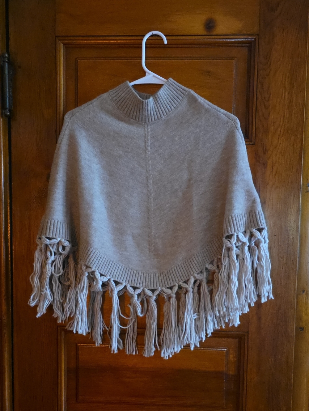 Fringed Mock Neck Poncho Sweater - Taupe